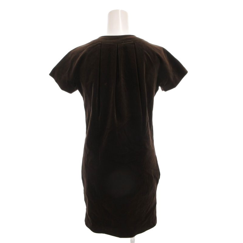 Gucci Velour Dress Neck Belt Gold Button Short Sleeve Knee Length 38 Brown