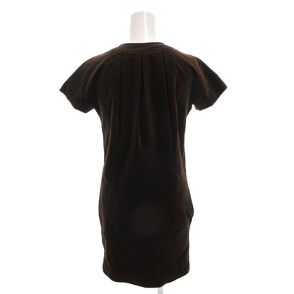 Gucci Velour Dress Neck Belt Gold Button Short Sleeve Knee Length 38 Brown