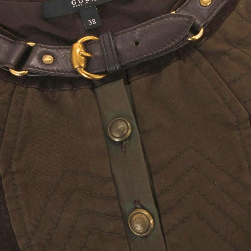 Gucci Velour Dress Neck Belt Gold Button Short Sleeve Knee Length 38 Brown