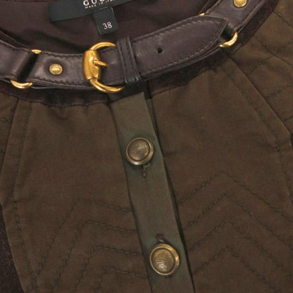 Gucci Velour Dress Neck Belt Gold Button Short Sleeve Knee Length 38 Brown