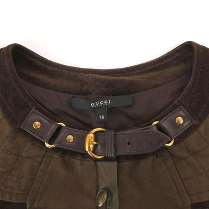 Gucci Velour Dress Neck Belt Gold Button Short Sleeve Knee Length 38 Brown
