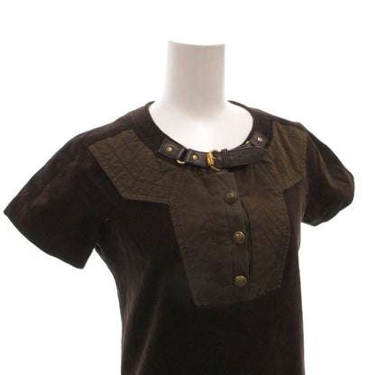 Gucci Velour Dress Neck Belt Gold Button Short Sleeve Knee Length 38 Brown