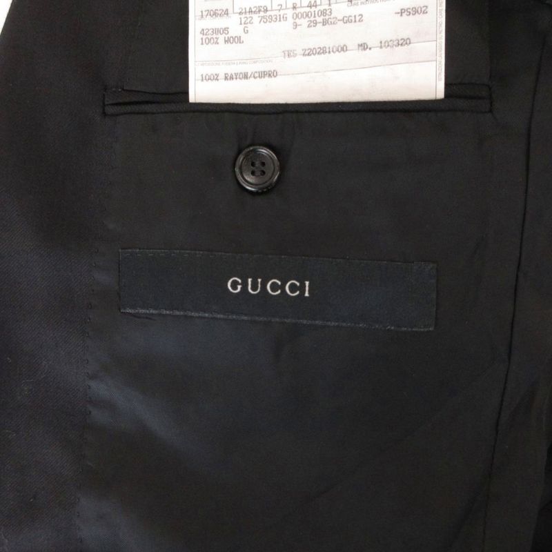 Gucci Tered Jacket Blue Leather Business Wool 44 Black