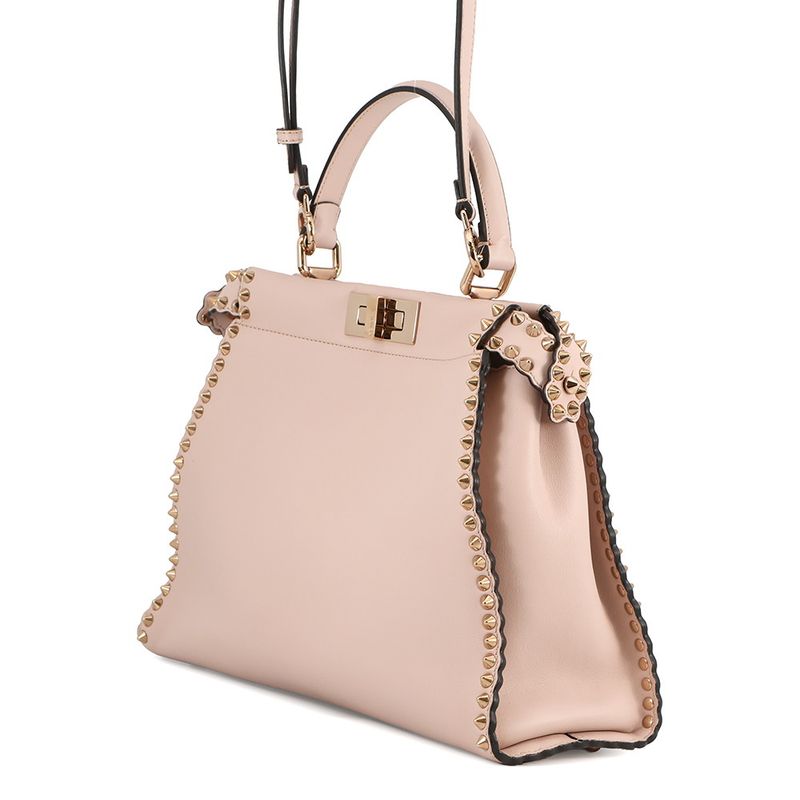 Fendi Peekaboo Regular Leather Studs 2-Way Shoulder Bag Pink Beige