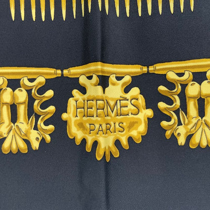 Hermes Scarf Silk Carre 90 les Cavaliers D'Or Golden Knight Black