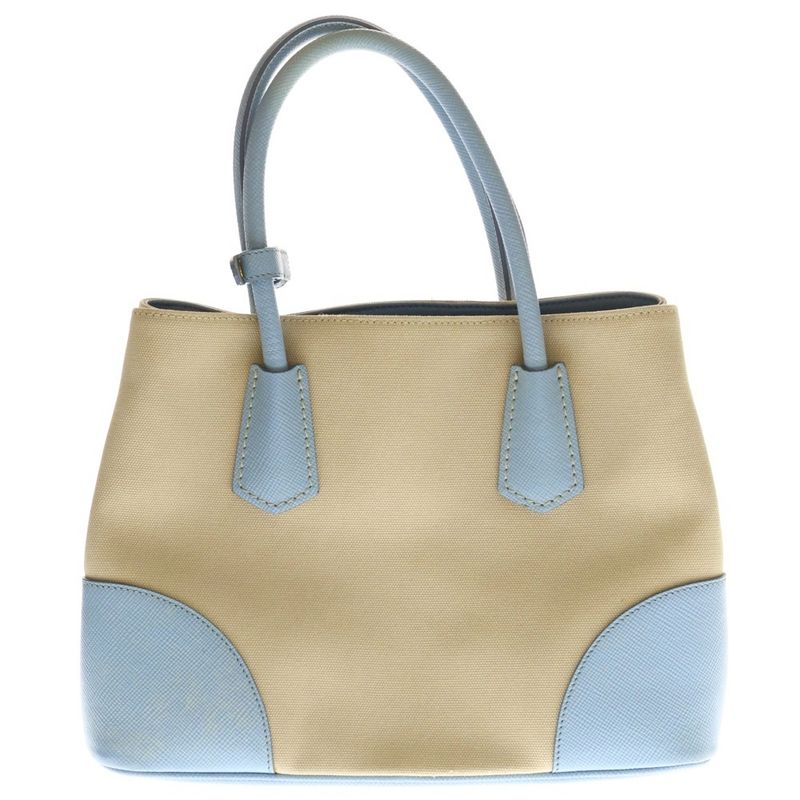 Prada Tote 2-Way Shoulder Bag Beige Light Blue Canvas Saffiano