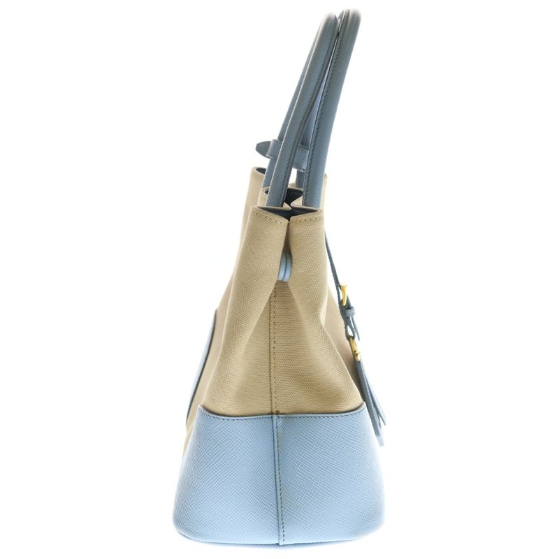 Prada Tote 2-Way Shoulder Bag Beige Light Blue Canvas Saffiano