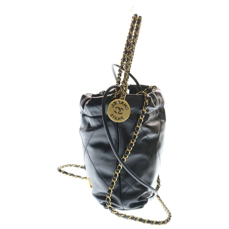Chanel 22 Mini CC Logo Shiny Calfskin Leather Chain Shoulder Bag Black