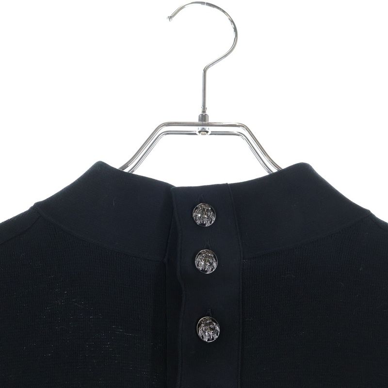 Chanel Lion Button High Neck Short Sleeve Knit Top Black Flat
