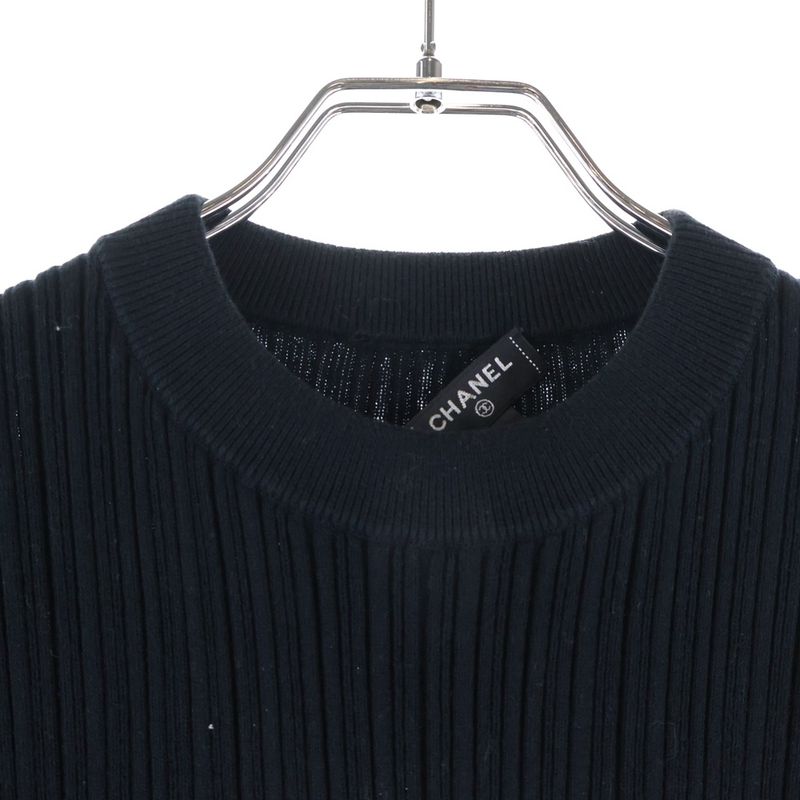 Chanel Front Logo Rib Knit Short Sleeve Top Black Flat