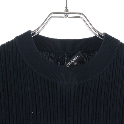 Chanel Front Logo Rib Knit Short Sleeve Top Black Flat
