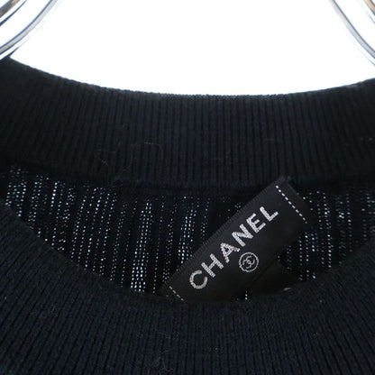 Chanel Front Logo Rib Knit Short Sleeve Top Black Flat