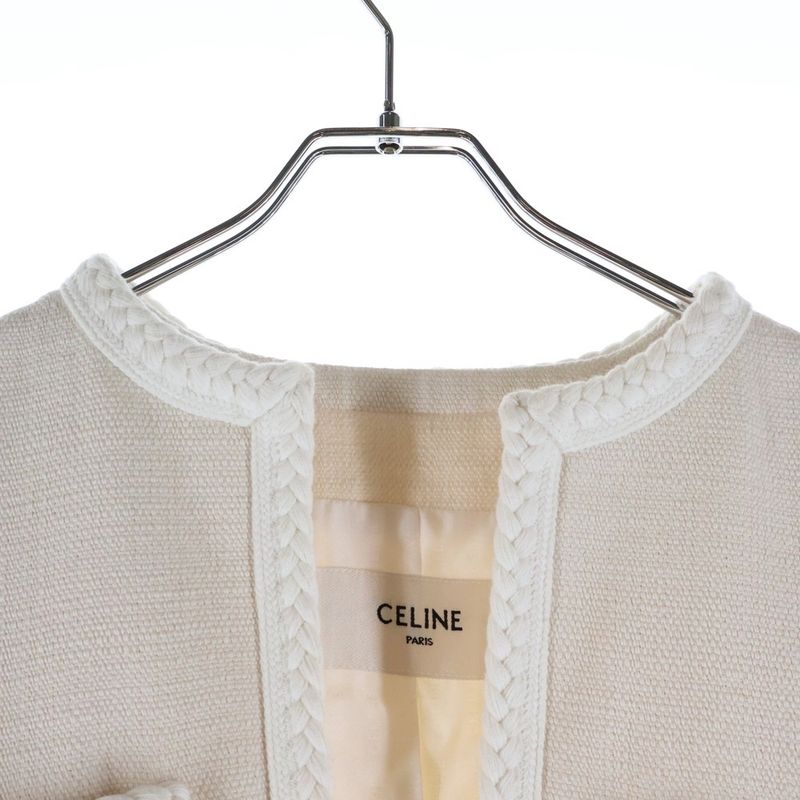 Celine Tweed Collarless Jacket White