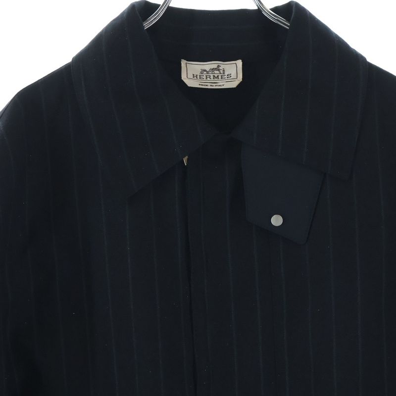 Hermes Button Virgin Wool Striped Half Zip Pullover Jacket Black