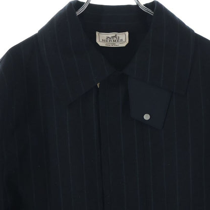 Hermes Button Virgin Wool Striped Half Zip Pullover Jacket Black