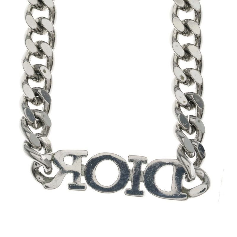 Dior Evolution Rhinestone Logo Chain Necklace Pendant Silver