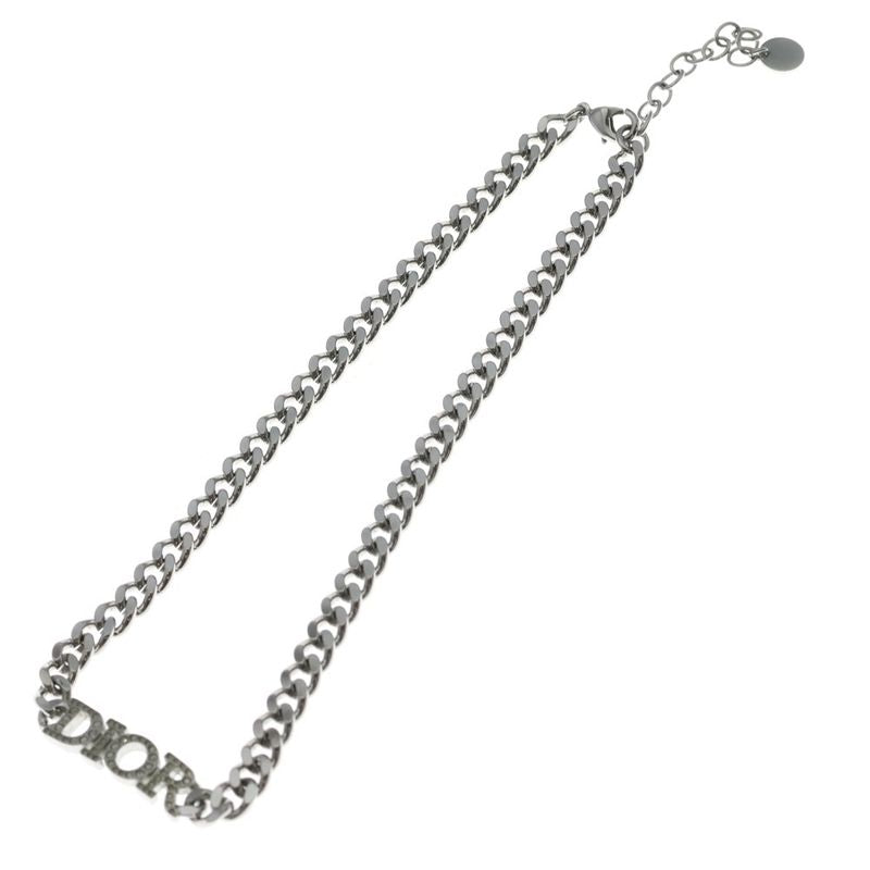 Dior Evolution Rhinestone Logo Chain Necklace Pendant Silver