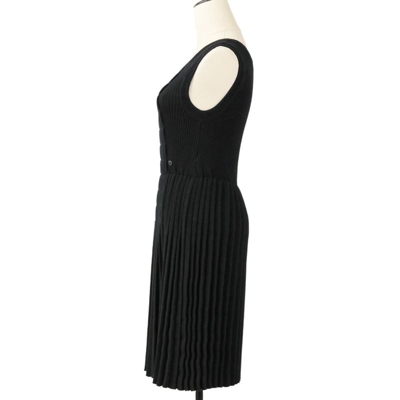 Chanel Pleated Wool Knit Dress 38 Black