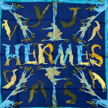 Hermes Scarf Silk Carre 90 Animal Alphabet Blue