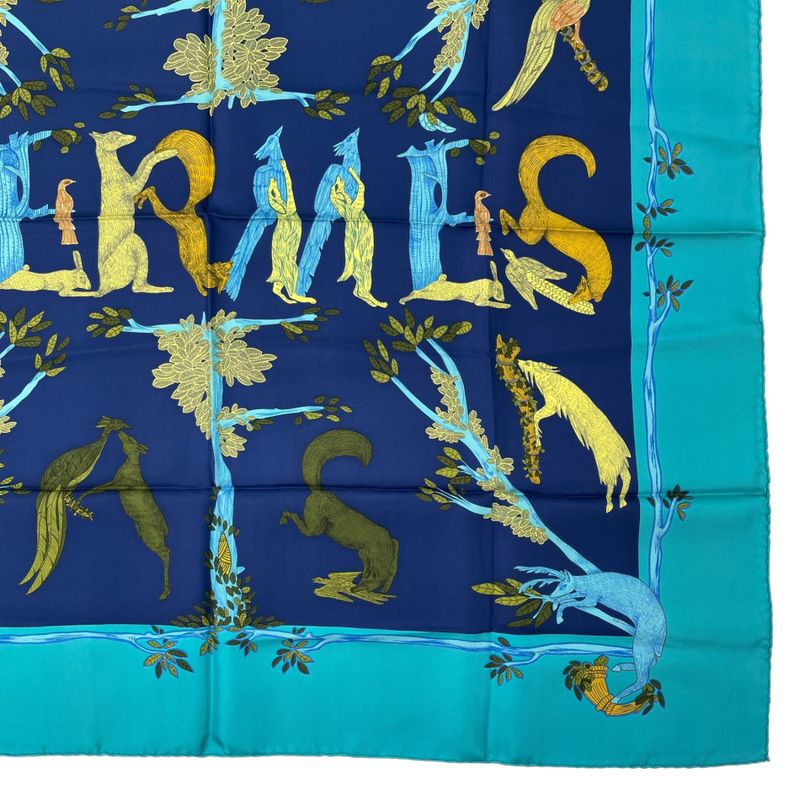 Hermes Scarf Silk Carre 90 Animal Alphabet Blue