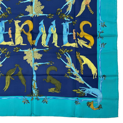 Hermes Scarf Silk Carre 90 Animal Alphabet Blue