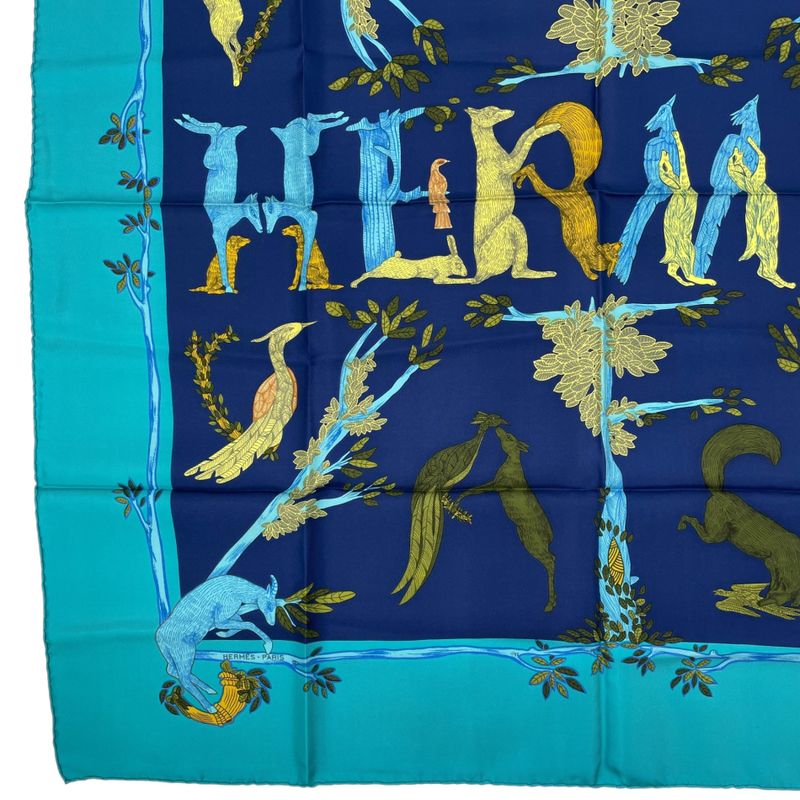 Hermes Scarf Silk Carre 90 Animal Alphabet Blue