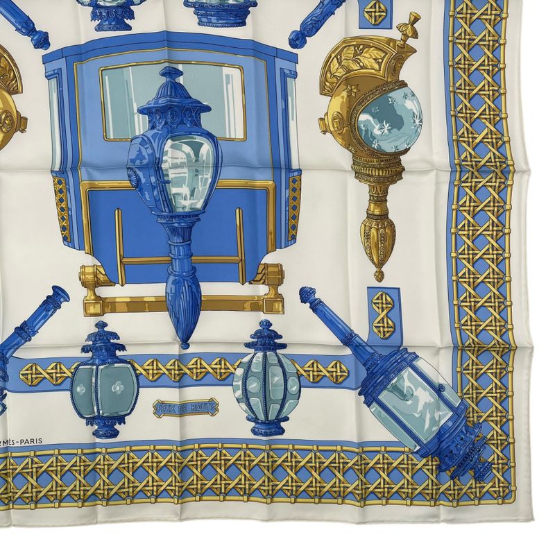 Hermes Scarf Silk Carre 90 Feux de Route Car Lantern White