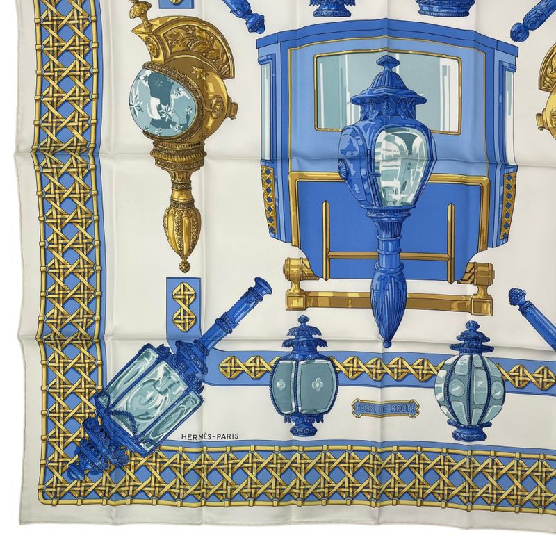 Hermes Scarf Silk Carre 90 Feux de Route Car Lantern White
