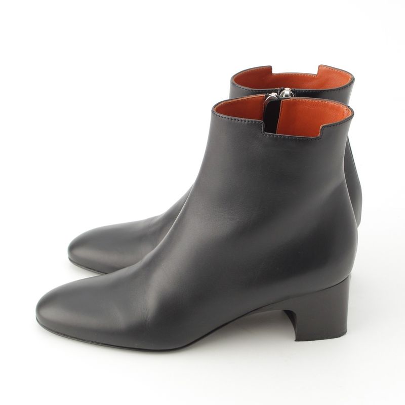 Hermes Demarche Leather Heel Side Zip Short Boots Black 35