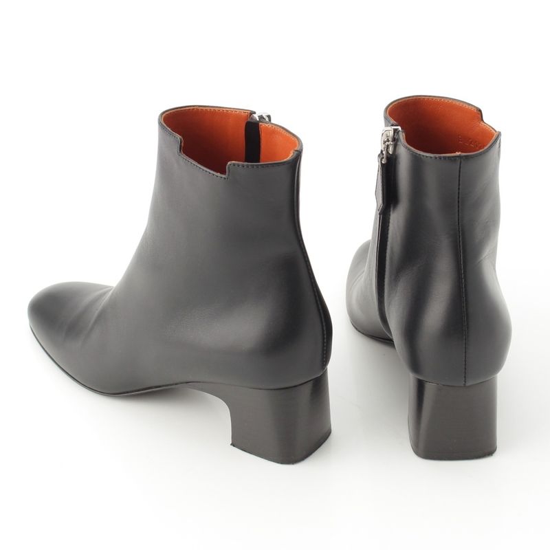 Hermes Demarche Leather Heel Side Zip Short Boots Black 35