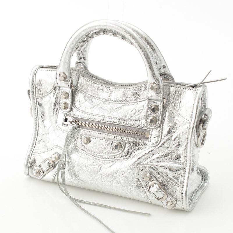 Balenciaga Leather le City Mini 2-Way Shoulder Handbag Silver