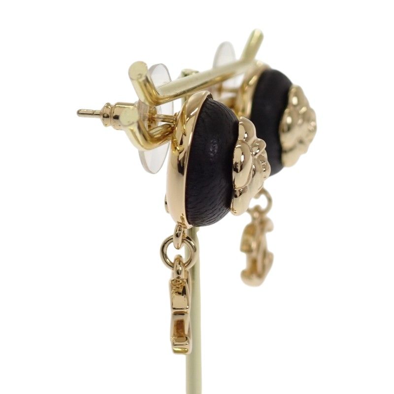 Chanel CC Camellia CC Logo Earrings Metal Leather Gold Black