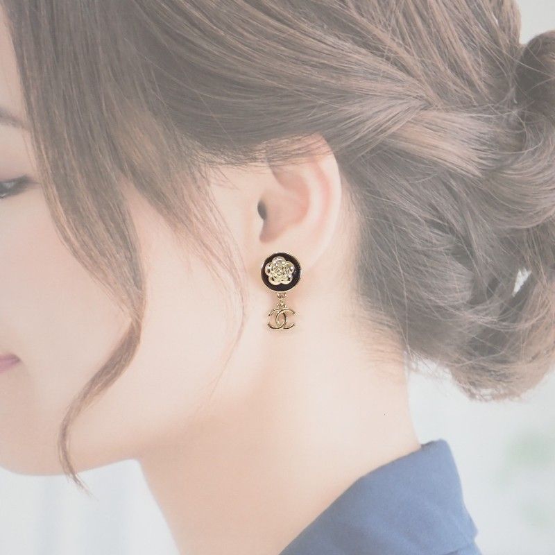 Chanel CC Camellia CC Logo Earrings Metal Leather Gold Black