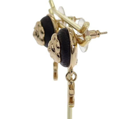 Chanel CC Camellia CC Logo Earrings Metal Leather Gold Black