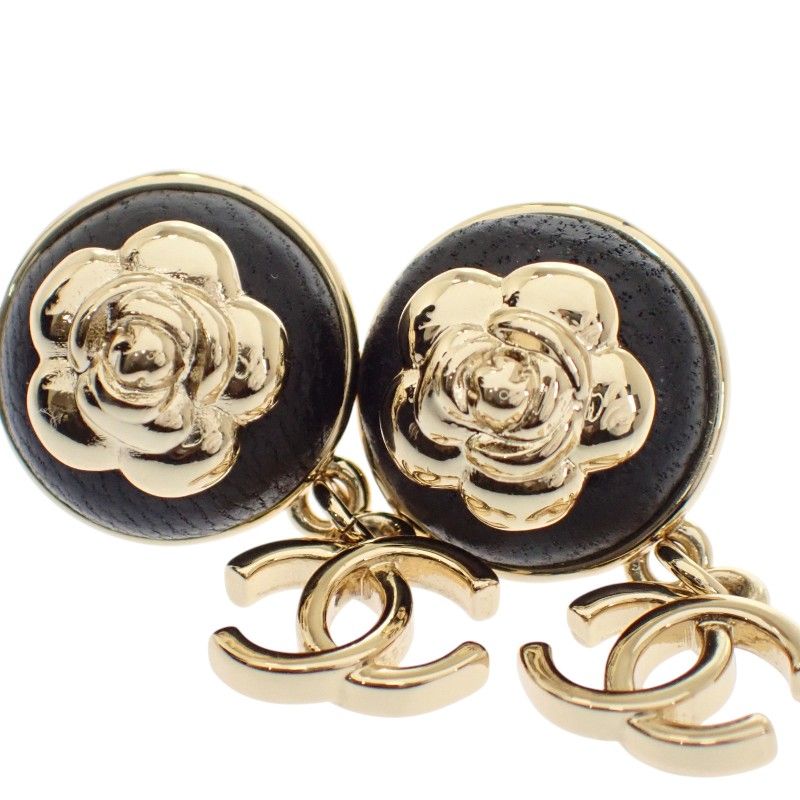 Chanel CC Camellia CC Logo Earrings Metal Leather Gold Black
