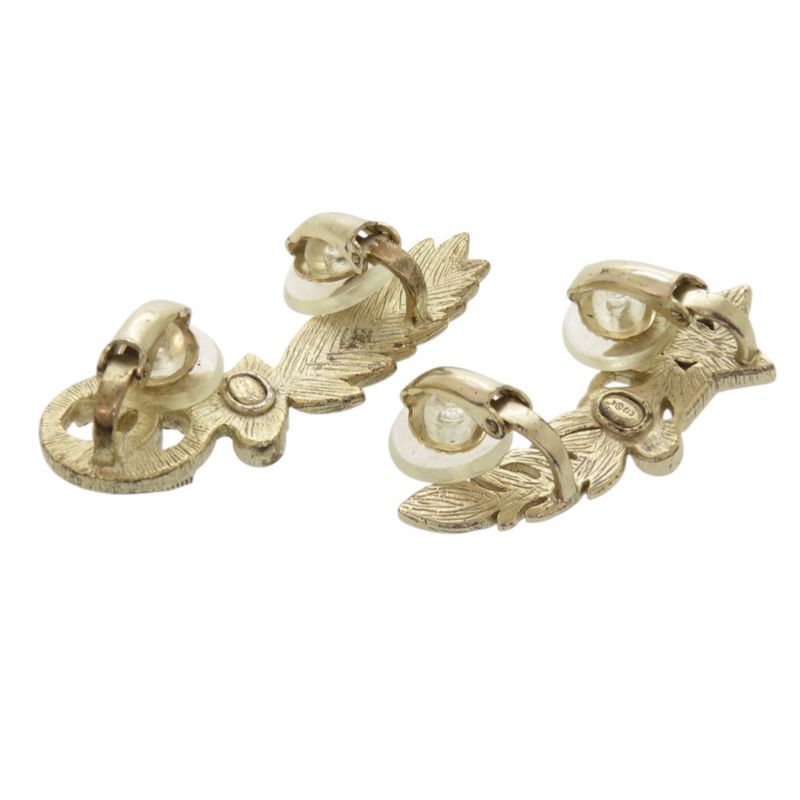 Chanel CC Logo Star Feather Metal Faux Pearl Stone Gold Earrings