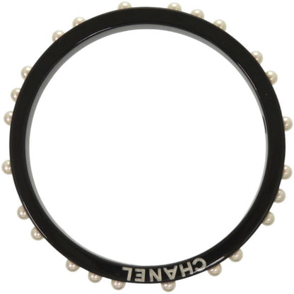 Chanel Logo Faux Pearl Plastic Black Bangle