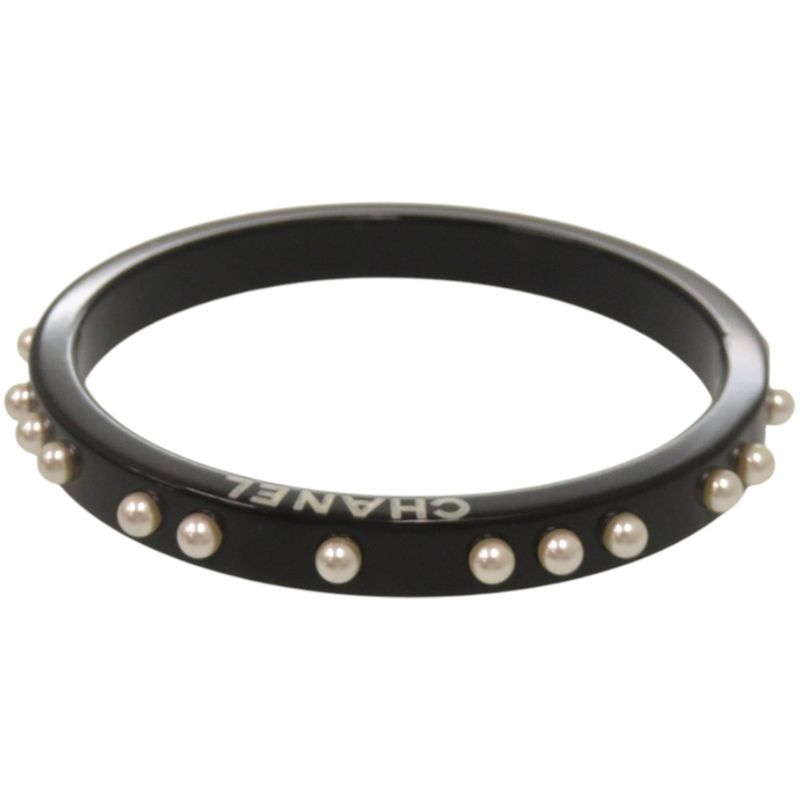 Chanel Logo Faux Pearl Plastic Black Bangle