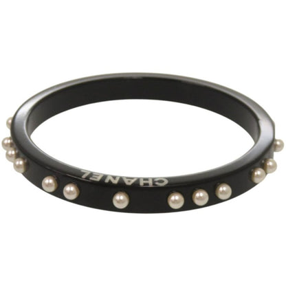 Chanel Logo Faux Pearl Plastic Black Bangle
