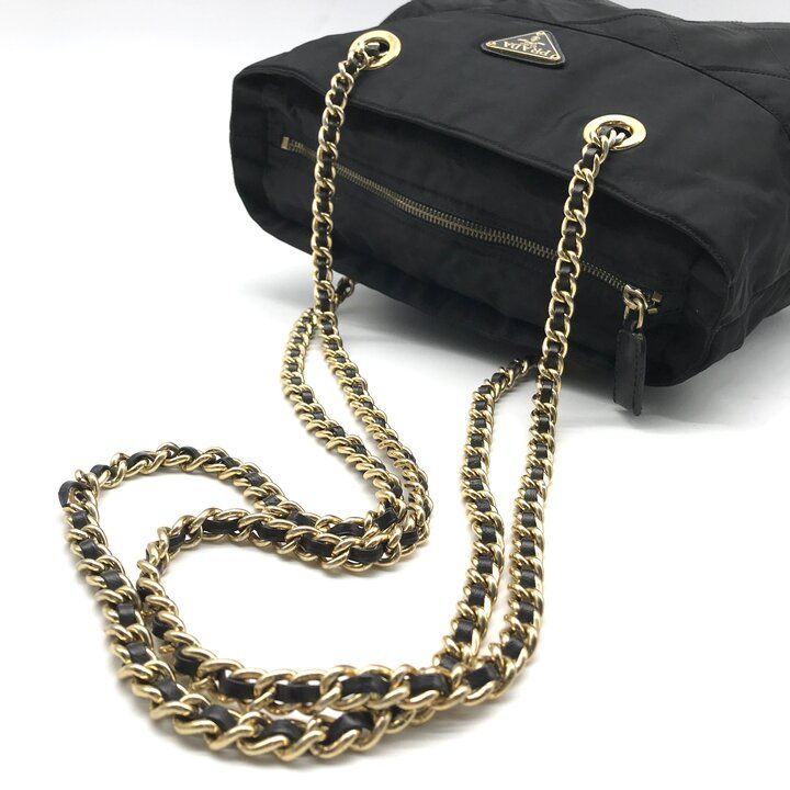Prada Nylon Chain Tote Shoulder Bag Black Purse