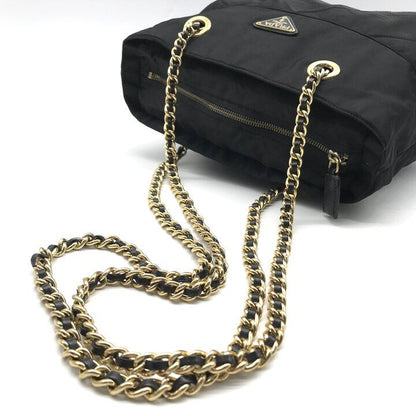Prada Nylon Chain Tote Shoulder Bag Black Purse