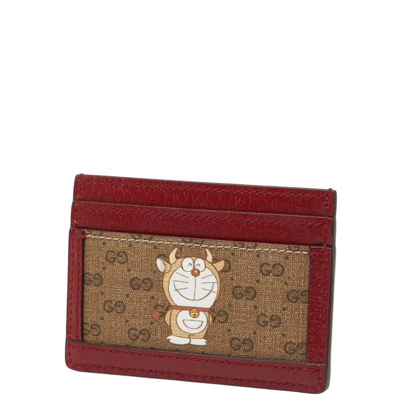 Gucci Doraemon Mini GG Supreme Card Case Beige Red Leather