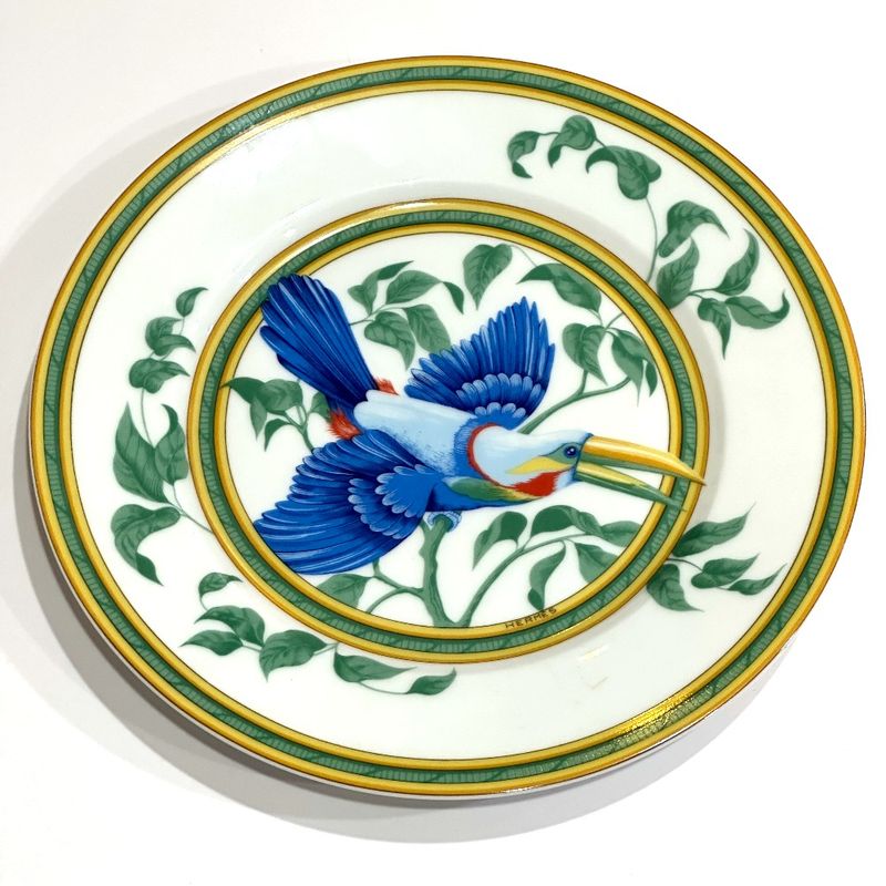 Hermes Dish Tucan Toucan Motif Pottery White Hat X Green