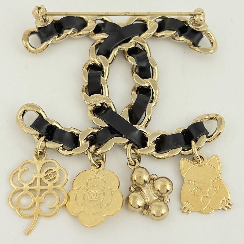 Chanel CC Logo Brooch Camellia Clover Gold Plated Black