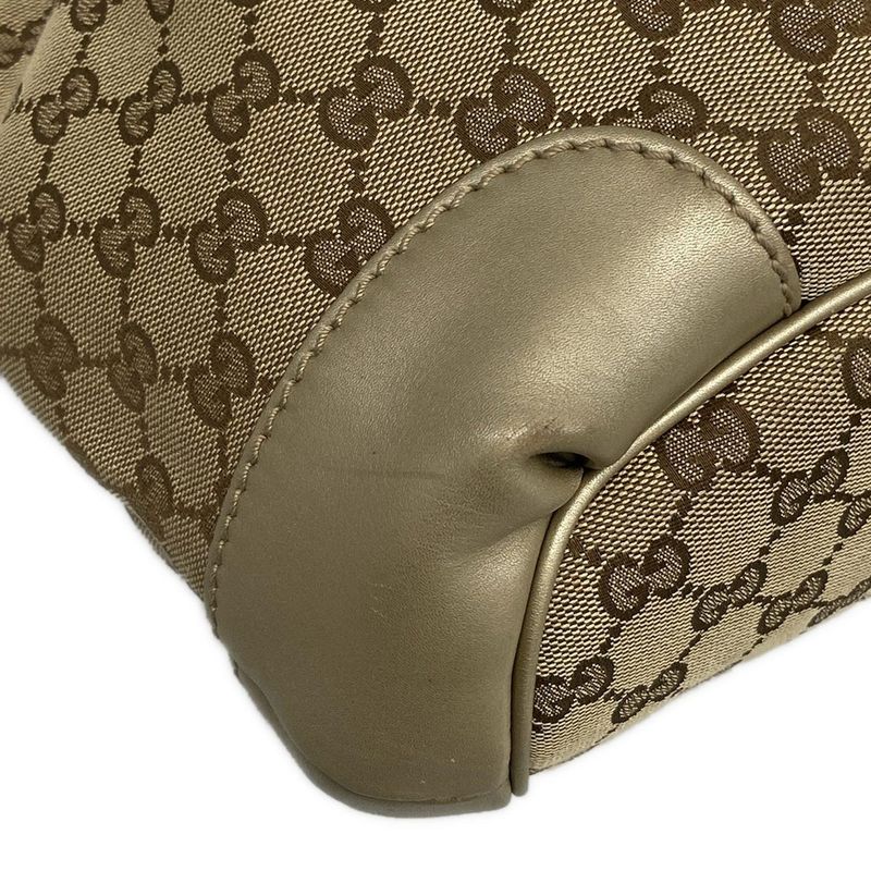 Gucci Handbag Ski GG Pattern Gold Beige Dark Brown Leather X X Dark