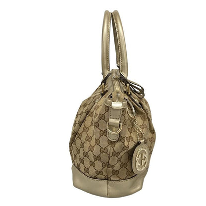 Gucci Handbag Ski GG Pattern Gold Beige Dark Brown Leather X X Dark