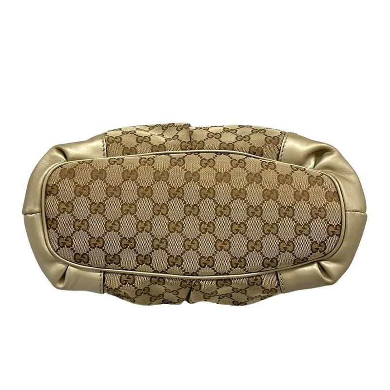 Gucci Handbag Ski GG Pattern Gold Beige Dark Brown Leather X X Dark