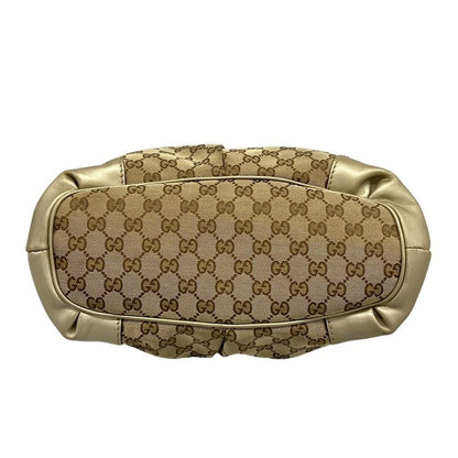 Gucci Handbag Ski GG Pattern Gold Beige Dark Brown Leather X X Dark