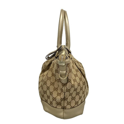 Gucci Handbag Ski GG Pattern Gold Beige Dark Brown Leather X X Dark
