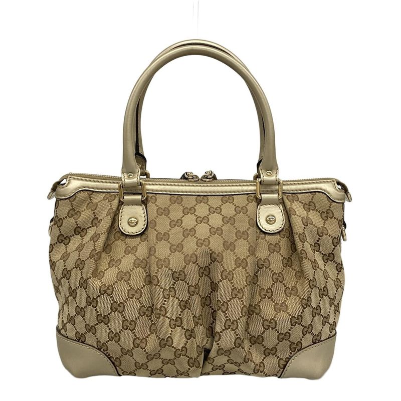 Gucci Handbag Ski GG Pattern Gold Beige Dark Brown Leather X X Dark